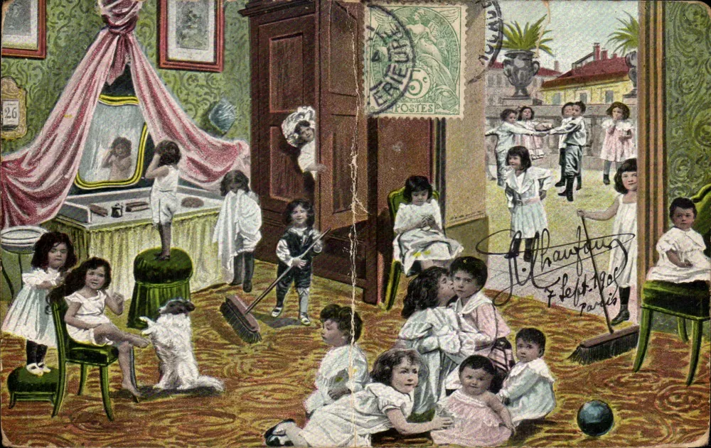 Enfants jouant à l'intérieur et à l'extérieur — scène de vie domestique — éditeur J. Chaydug, Paris, n° 26 - Vorderseite