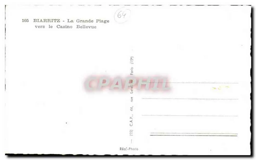 Biarritz - La Grande Plage vers le Casino Bellevue — C.A.P. Photo, Paris - Verso