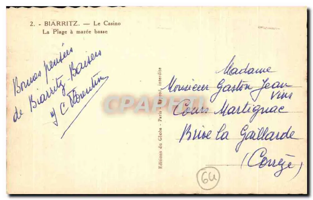 Biarritz — O Casino — A Praia com maré baixa — Éditions du Globe, Paris - Verso