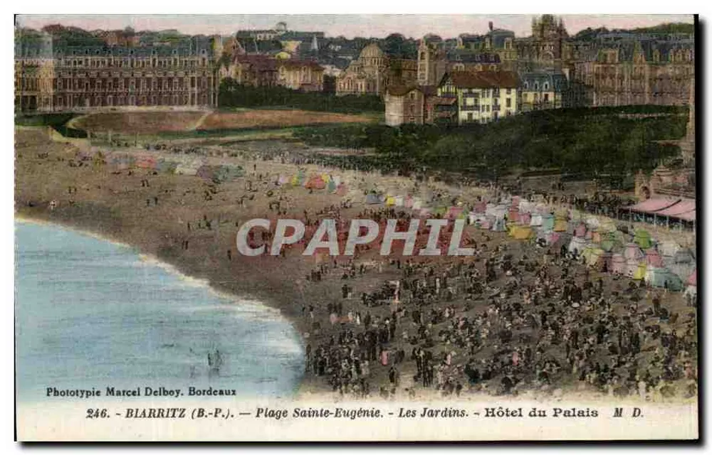 Biarritz (B.P.) — Strand Sainte-Eugénie — Die Gärten — Hotel du Palais — Phototypie Marcel Delboy, Bordeaux - Vorderseite