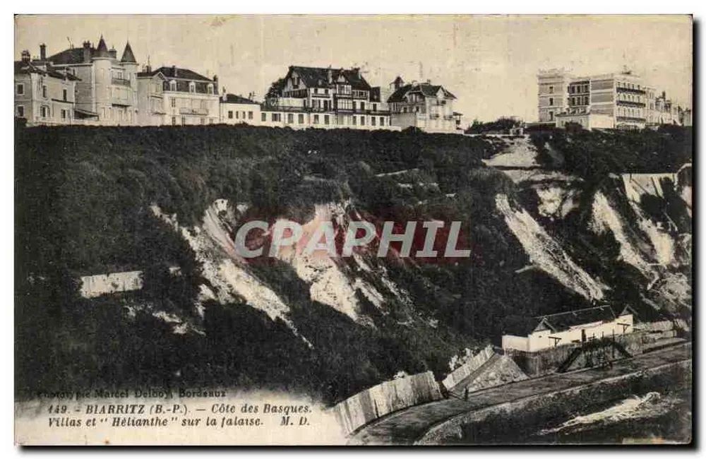 Biarritz (B.-P.) — Küste der Baske. Villen und 'Hélianthe' auf der Klippe. Phototypie Marcel Delboy, Bordeaux. Nr. 149. - Vorderseite