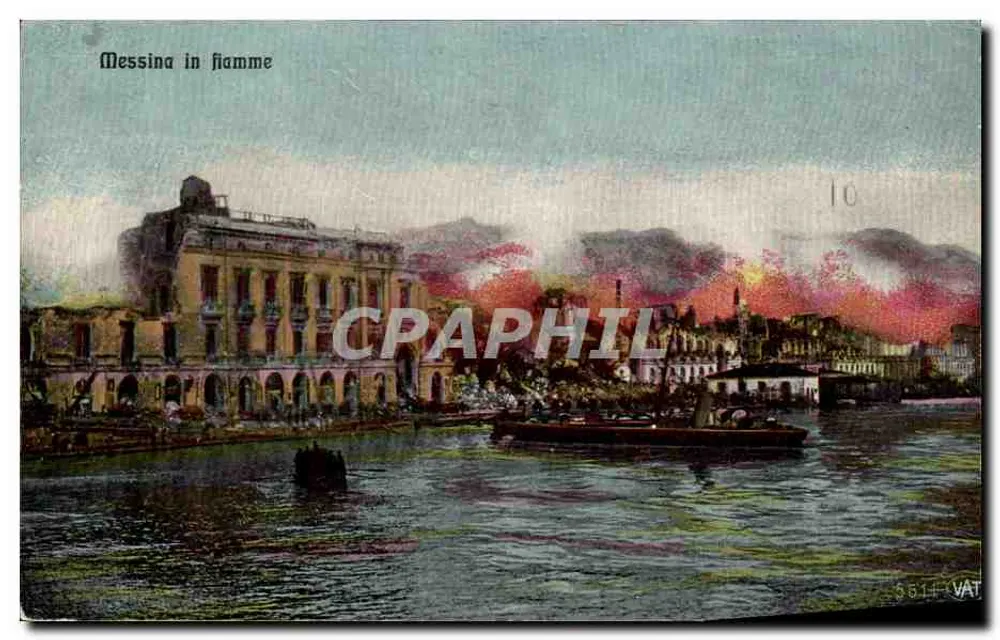 Messina in Flammen — Ansicht des Hafens mit Feuer — Verlag U.M. Rov. Stampa, Nr. 10 - Vorderseite