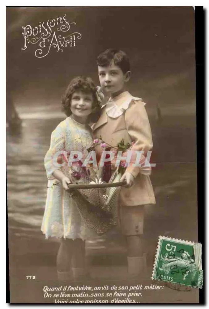 Kinder mit einem Aprilfischkorb — Aprilfisch — unbekannter Verlag, Nr. 772 - Vorderseite