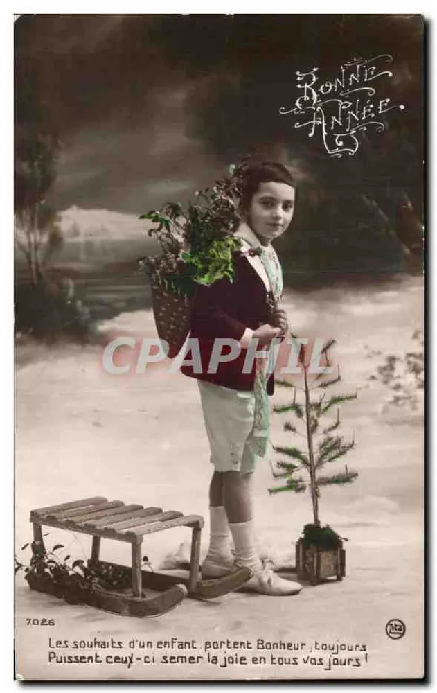 Kind mit Tannenbaum und Schlitten — Frohe Weihnachten — Verlag Bonnie Année, Nr. 7026 - Vorderseite