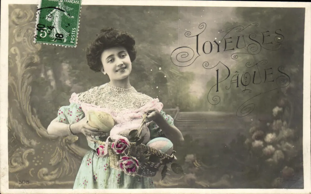 Junge Frau mit Ostereiern — Frohe Ostern — anonymer Verlag, n° 508 - Vorderseite