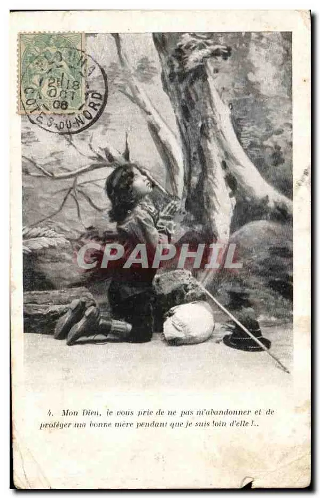 Enfant priant sous un arbre — scène religieuse — éditeur non visible - Frente