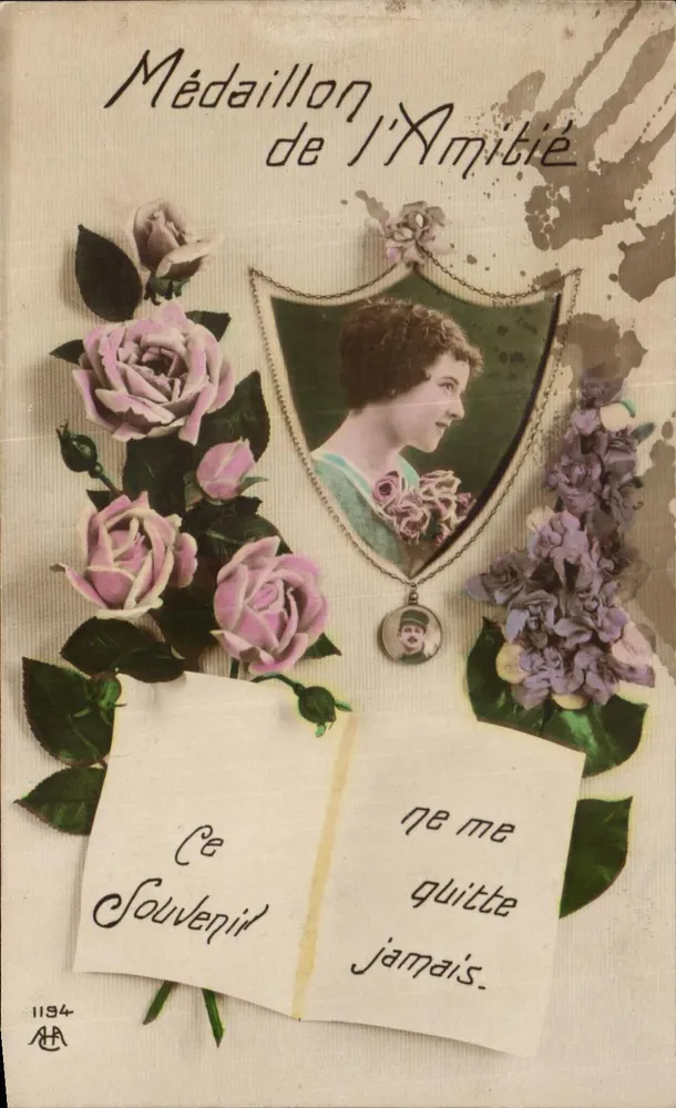 Medaille der Freundschaft — dekorative Karte mit Porträt einer Frau und Rosen — Verlag AA n° 1194 - Vorderseite