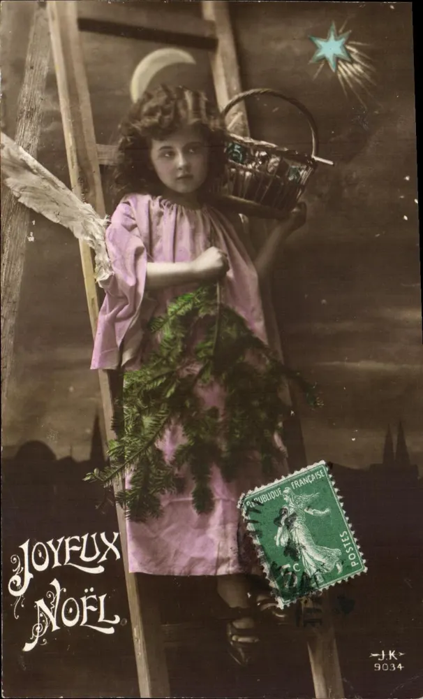 Mädchen in einem rosa Kleid, das einen Tannenbaum und einen Korb hält — Publique Française, n° 9034 - Vorderseite