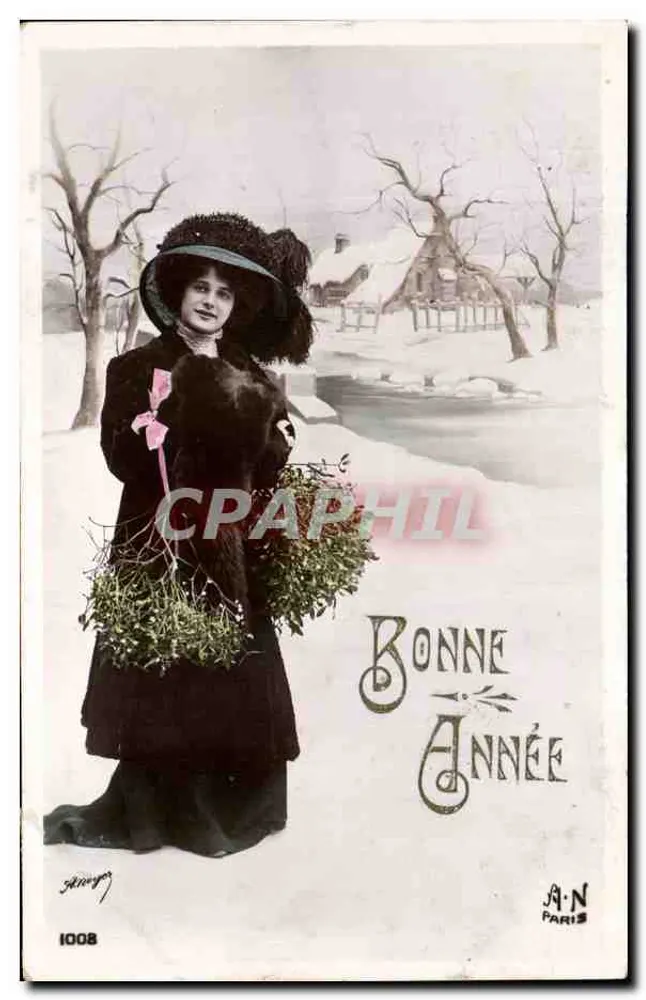 Frau in Pelzjacke mit einem Ebereschenbukett — Frohe Weihnachten 1908 — A.N. Paris, n° 1008 - Vorderseite