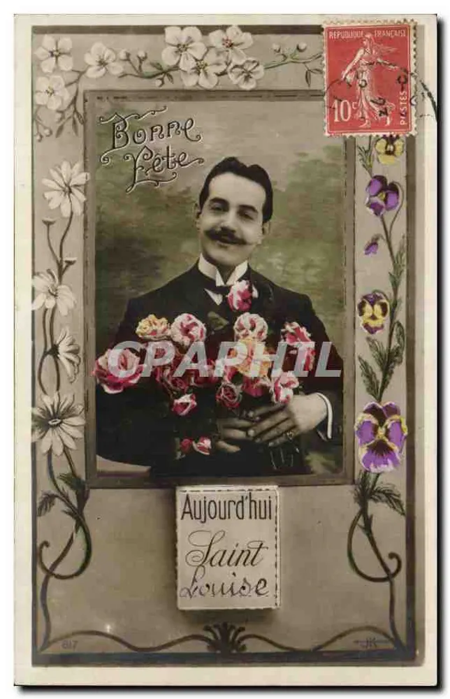 Porträt eines Mannes mit Rosenstrauß — Frohe Heilige Louise Tag — unbekannter Verleger, Seriennummer 617 - Vorderseite