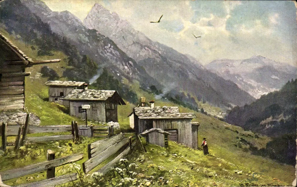 Alpine Dorf — Holzhütten in den Bergen — H. Müller von Wiesbaden - Vorderseite
