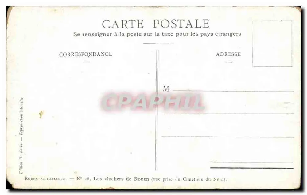 Rouen — Les clochers de Rouen (vue prise du Cimetière du Nord) — Édition H. Barlo - Rückseite