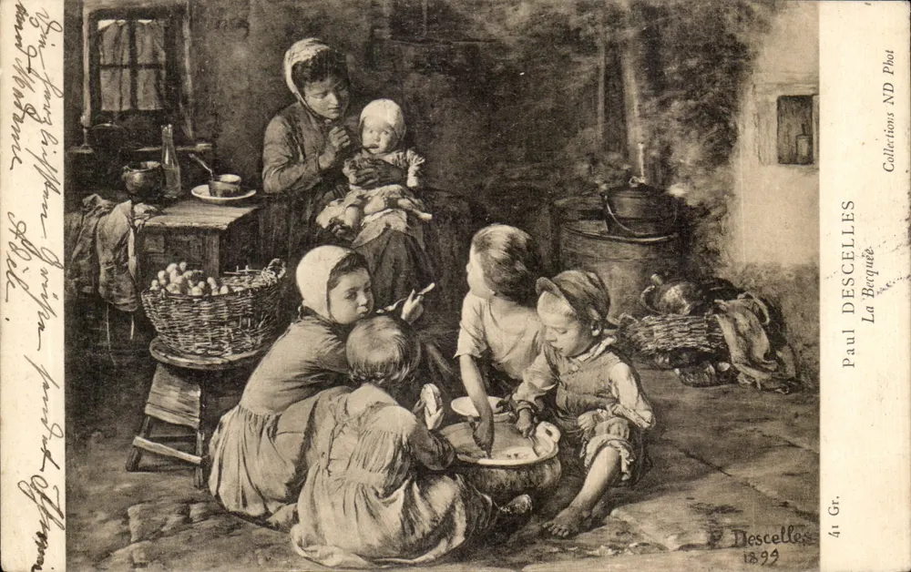 Familie in der Küche — Szenen aus dem häuslichen Leben — Paul Descelles, La Becquête, 1899 - Vorderseite