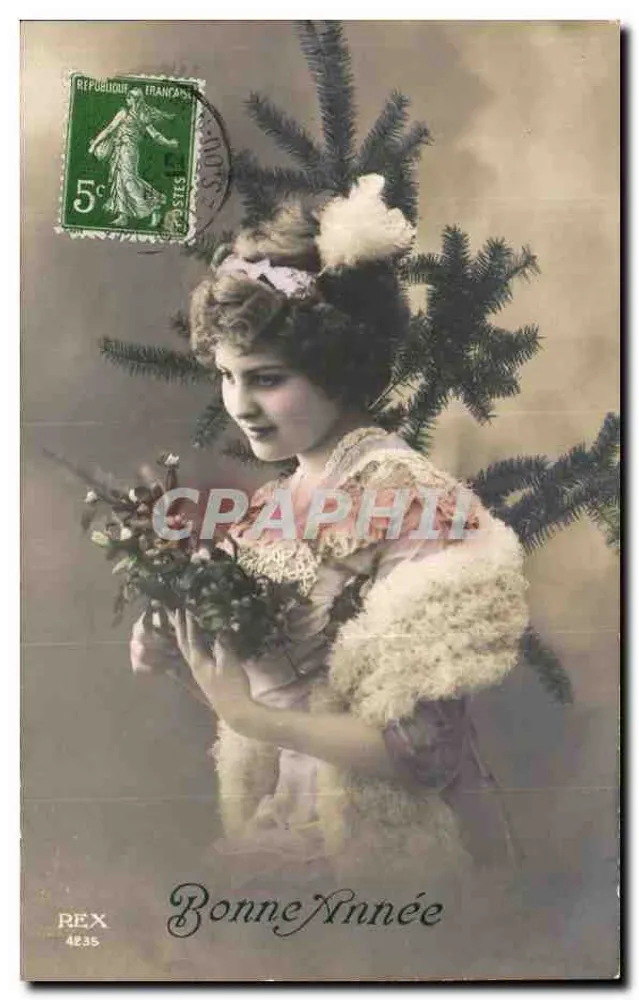 Frau mit Weihnachtsbaum — Frohe Neujahr — REX 4835 - Vorderseite