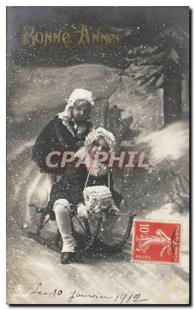 Zwei Kinder auf einem Schlitten — Schneescene —Nr. 1912 - Vorderseite