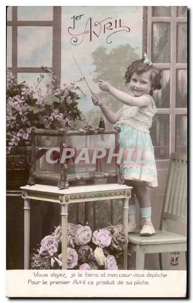 Kleine Mädchen beim Angeln — 1. April — Verlag A.N. Nr. 1164 - Vorderseite