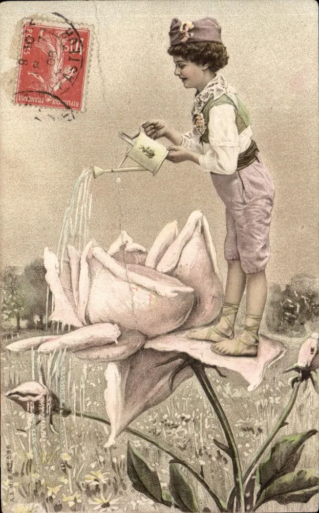 Kind, das eine riesige Rose gießt — Illustration — AX.M.B. 596 - Vorderseite