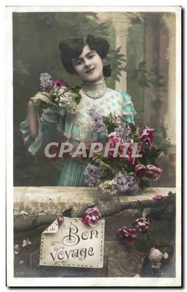 Junge Frau mit Blumenstrauß — Bon Voyage — anonymer Verleger, Nr. 522 - Vorderseite