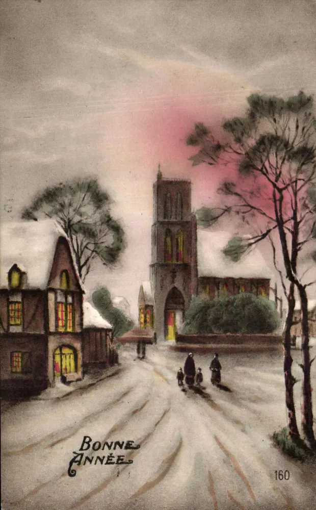 Ansicht einer schneeverdeckten Kirche — Frohe Neujahr — unbekannter Verlag, Nr. 160 - Vorderseite