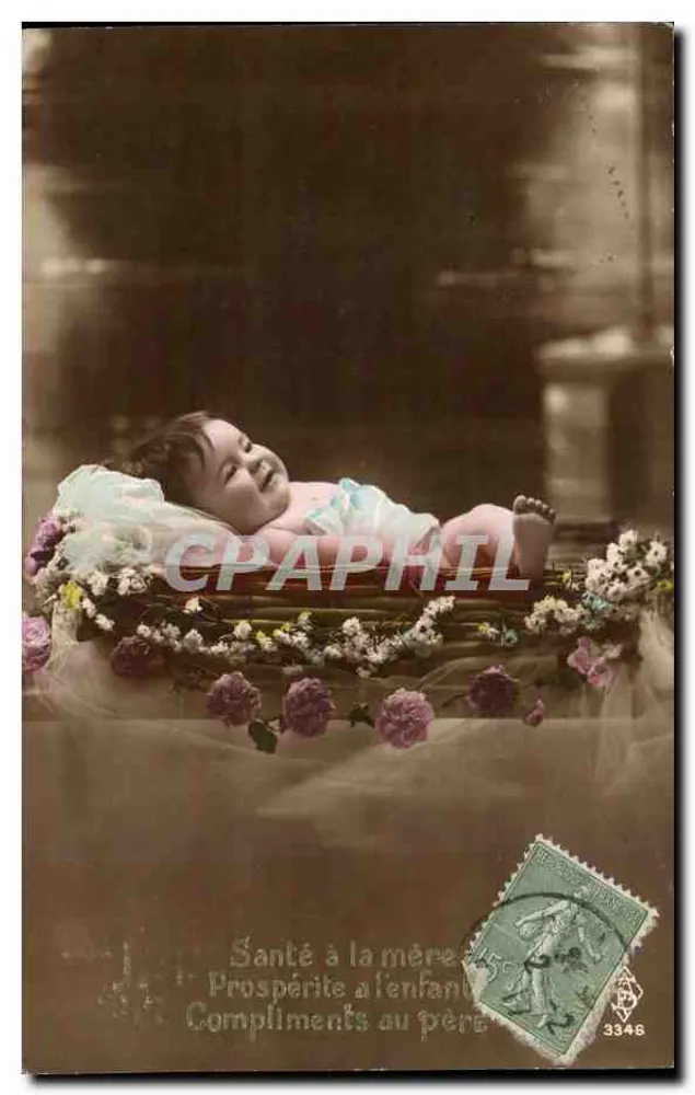 Bebê em um cesto florido — Carta de boas-vindas para a mãe e o pai — n° 3346 - Frente