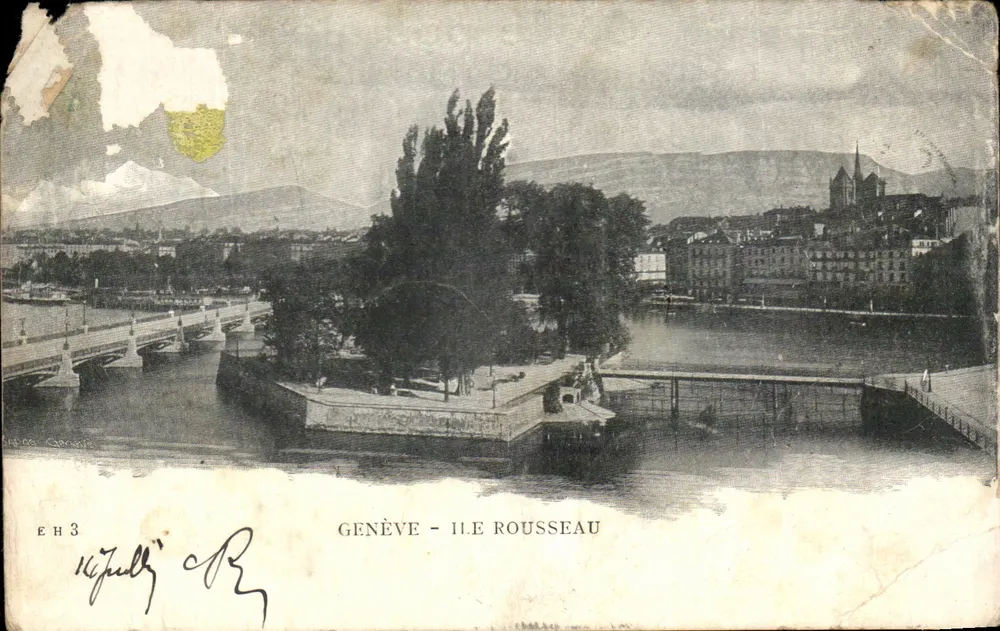 Genewa - Wyspa Rousseau — widok na Ryniec i zamek, wydawca E.H.3 - Awers