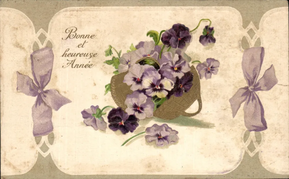 Bouquet de pensées violettes — Carte de vœux avec rubans — Éditeur non visible - Frente
