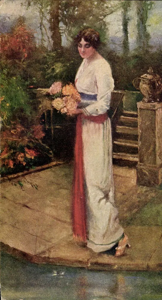 Mulher em vestido branco segurando um buquê — pintura de R. Kominek — editor R. Kominek, n° 263 - Frente