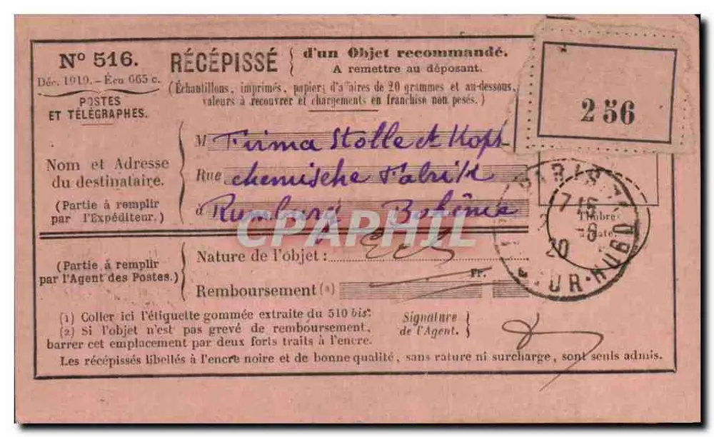 Recebimento de um objeto recomendado — Dez. 1919 — N° 516 — Postes e Télégraphes - Frente