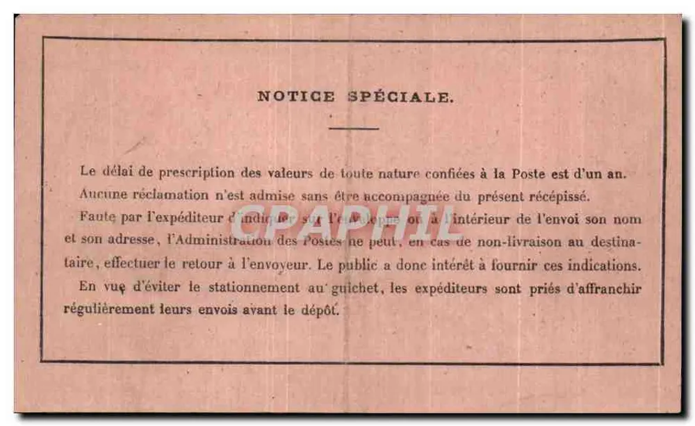 Recebimento de um objeto recomendado — Dez. 1919 — N° 516 — Postes e Télégraphes - Verso