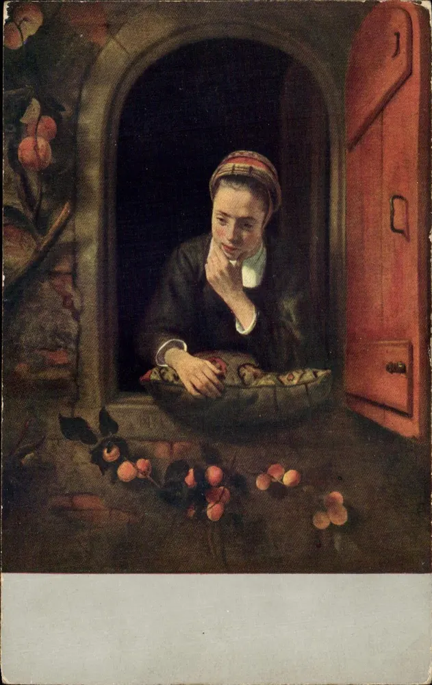 Mulher à janela — pintura de Nicolaes Maes — série 33 - Frente