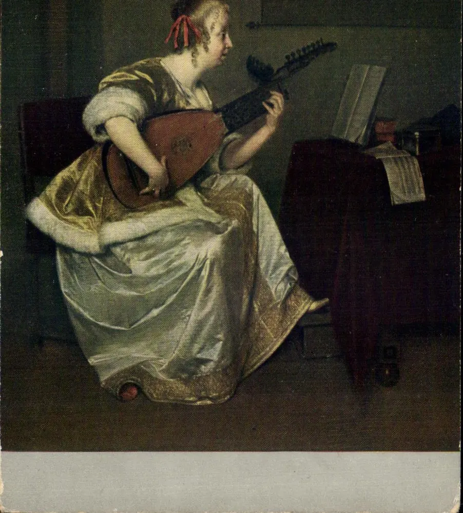 Frau, die die Laute spielt — Gerard ter Borch — Verleger Rommeler & Johns, Dresden, Nr. 38 - Vorderseite