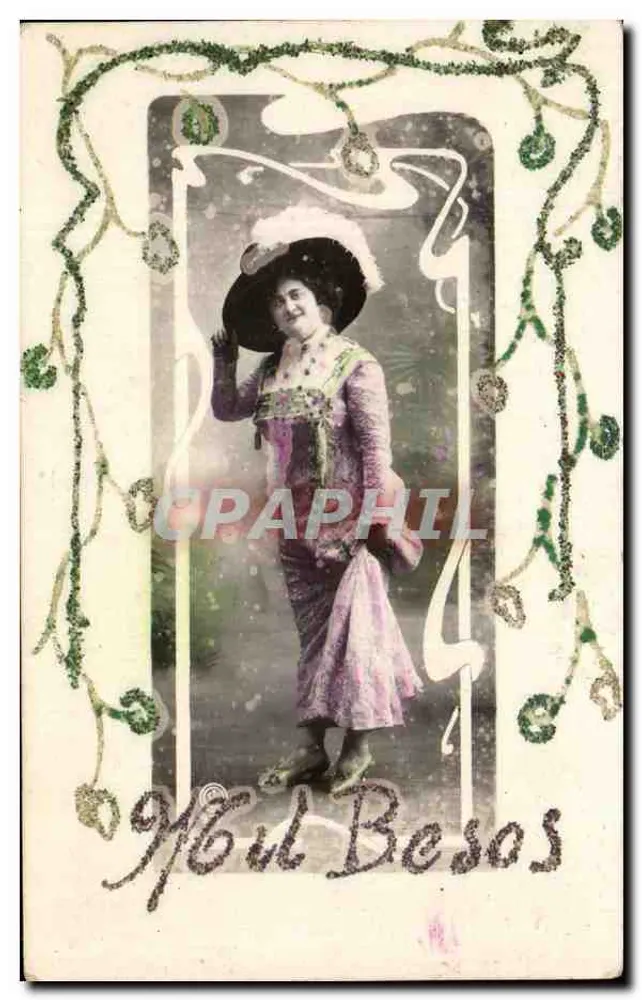 Frau in einem rosa Kleid und Hut — Verlag Tarjeta Postal UNIÓN POSTAL UNIVERSAL — Seriennummer nicht sichtbar - Vorderseite