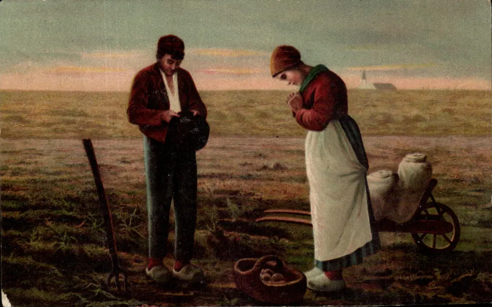 Cena de campo — Camponeses orando — K. F. Editores, Paris, Série 566 - Frente