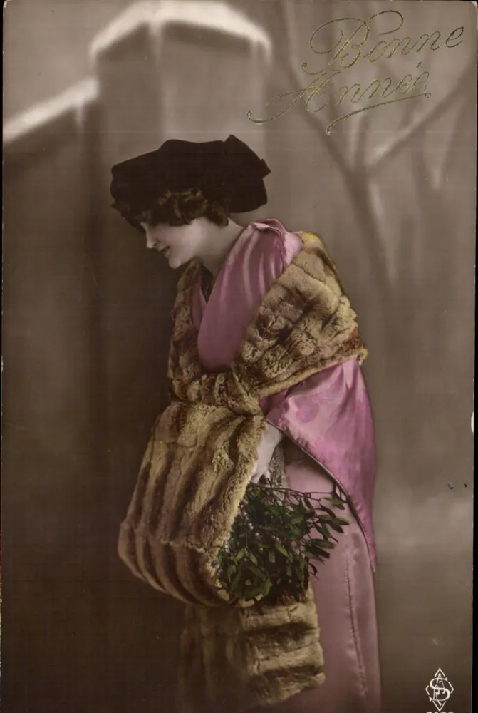 Frau in Pelz mit Blumenbouquet — Frohe Weihnachten — S. & C. Paris - Vorderseite