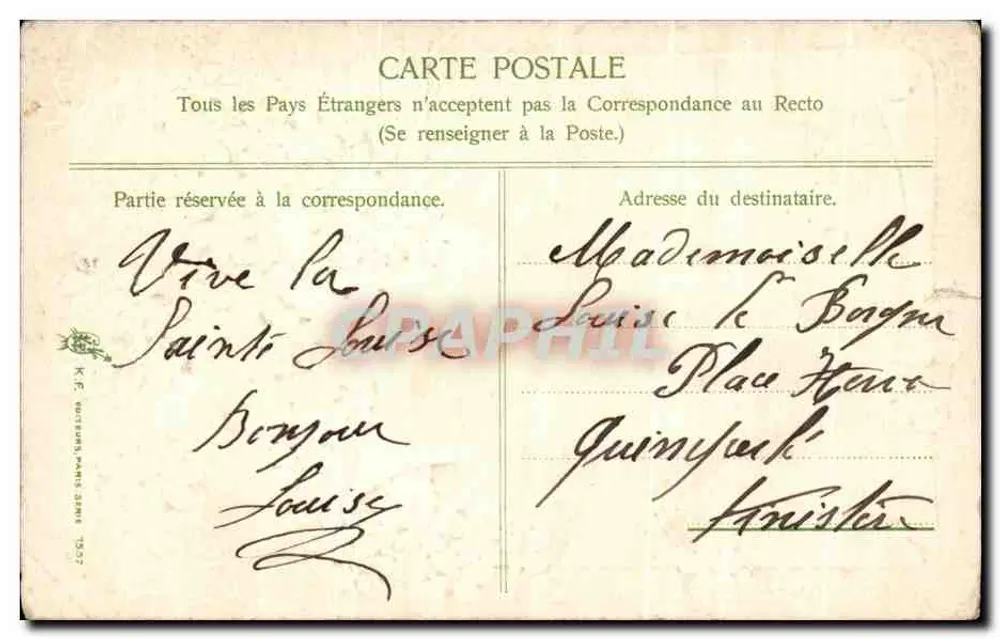 Fleurs bleues — carte de vœux à Louise — éditeur K. F. MUSEUMS PARIS, série 1357 - Verso