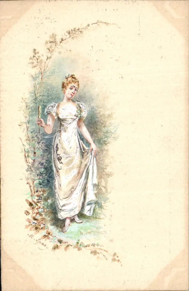 Frau in weißem Kleid — in einem pflanzlichen Rahmen — M. Spes, Künstler - Vorderseite