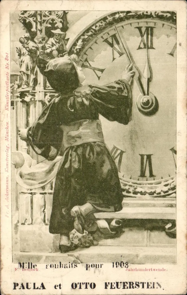 Enfant ajustant les aiguilles d'une horloge — scène de transition vers 1903 — éditeur Fr. A. Ackermann, München, n° 801 - Vorderseite