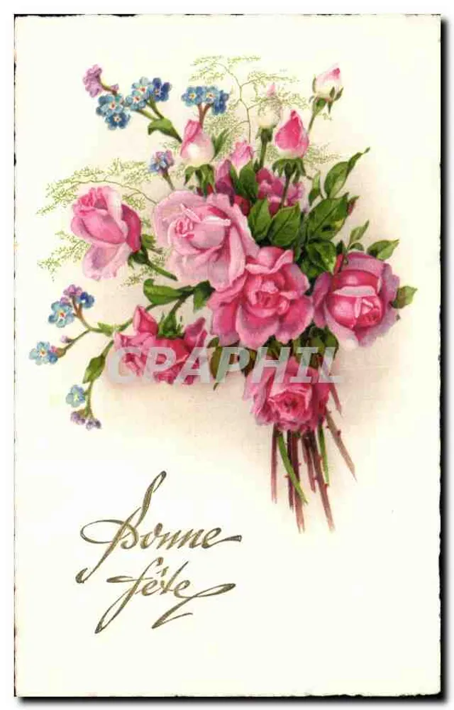 गुलाब और नीले फूलों का बूकेट — शुभकामनाएं — अज्ञात प्रकाशक, श्रृंखला संख्या अदृश्य - आगे
