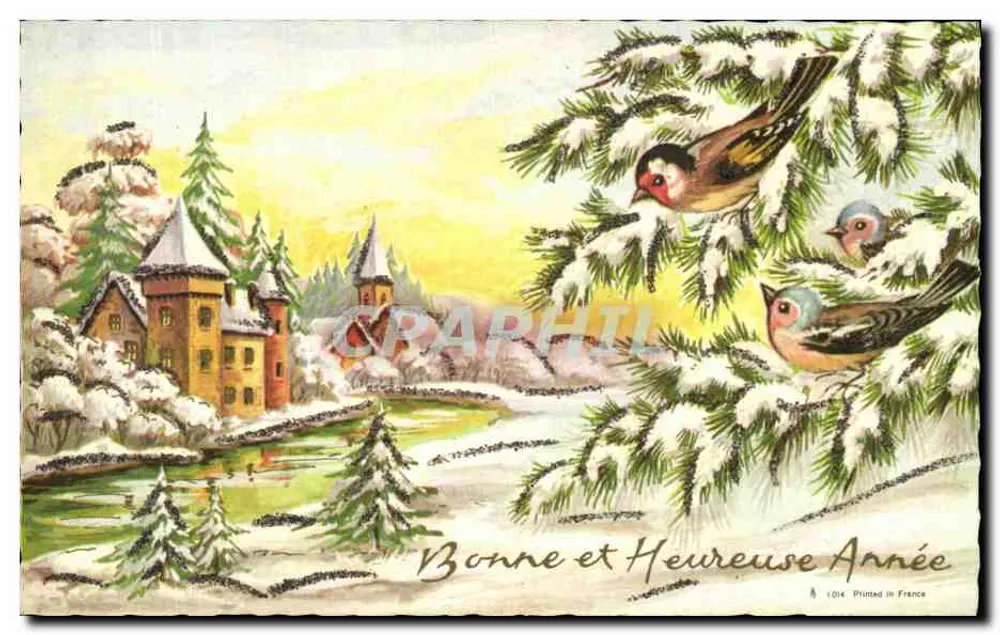 Schneegestüfter Schloss mit Vögeln — 1014 — In Frankreich gedruckt - Vorderseite