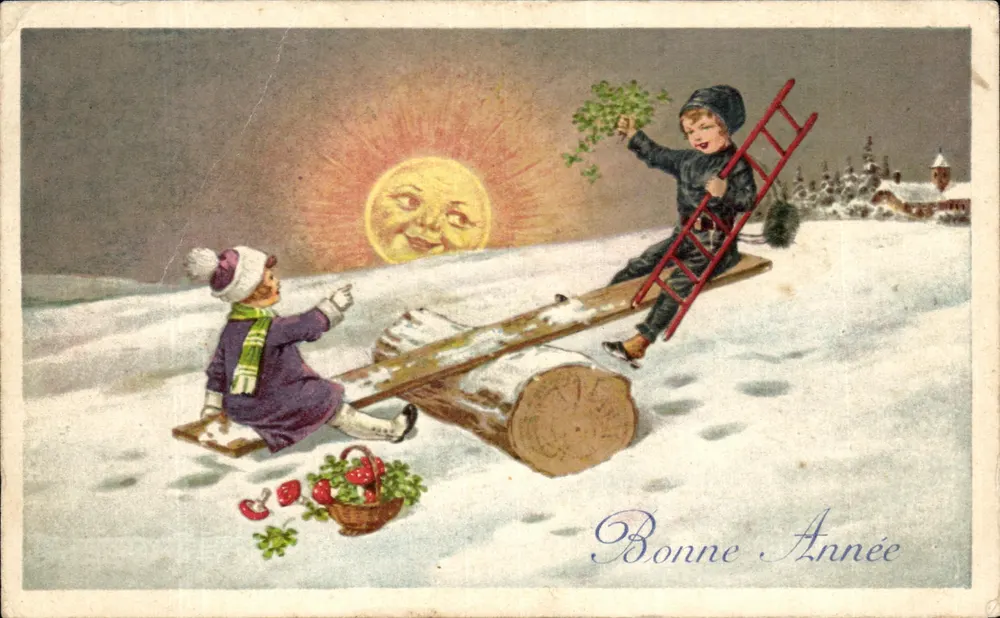 Kinder, die auf einer schneebedeckten Schaukel spielen — lachende Sonne — Frohes Neues Jahr - Vorderseite