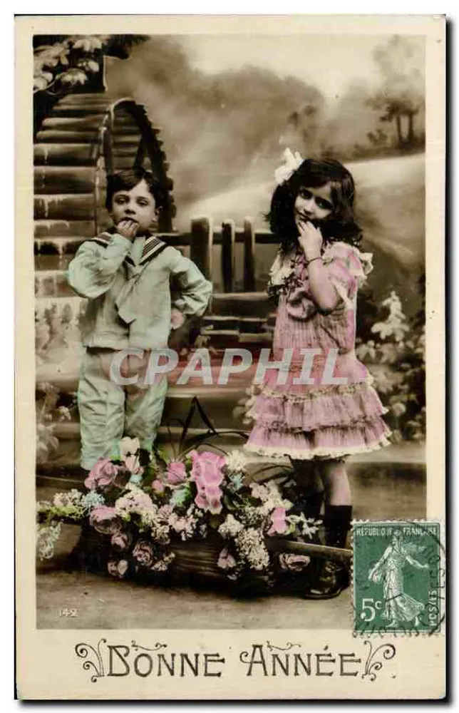 Zwei Kinder — Garten-Szene mit Wasserrad — Verlag Edisson, Nr. 1492 - Vorderseite