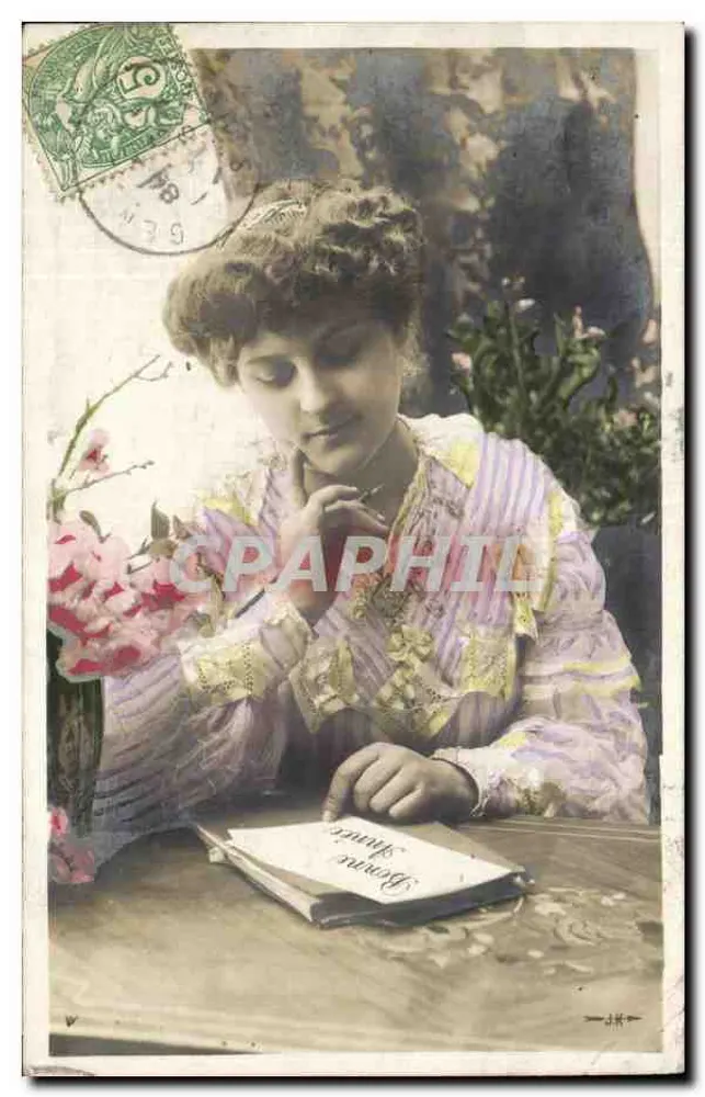 Junge Frau am Tisch — mit Blumen — Verlag J.H. n°A - Vorderseite