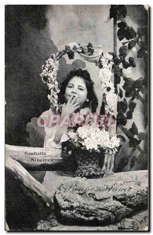 Jovem menina em um cenário floral — editor 'Bonne Année' — série não identificada - Frente