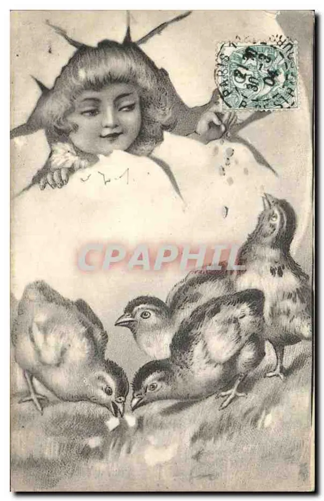 Enfant ailé avec poussins — illustration gravée — éditeur non visible - Vorderseite