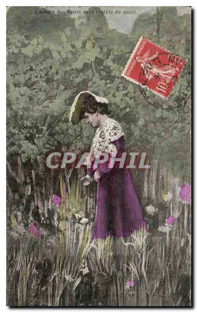 Femme en robe violette cueillant des fleurs — scène de jardin — éditeur Flore, n° 10 - Vorderseite
