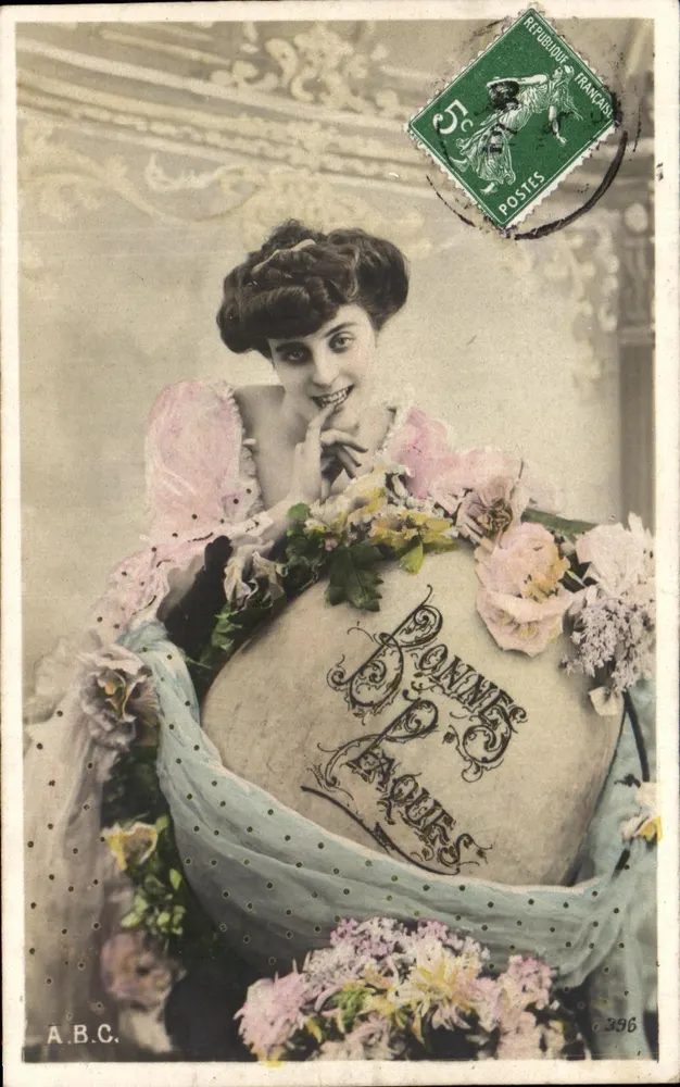 Frau in einem rosa Kleid mit einem großen Ballon, der mit Blumen verziert ist — Frohe Feiertage — A.B.C. n° 296 - Vorderseite