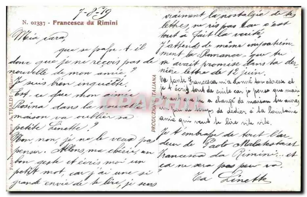Ein Paar, das sich in einem Raum mit gotischen Fenstern umarmt — Photocromo von Atelier A. Traldi, Nr. 01337 - Rückseite
