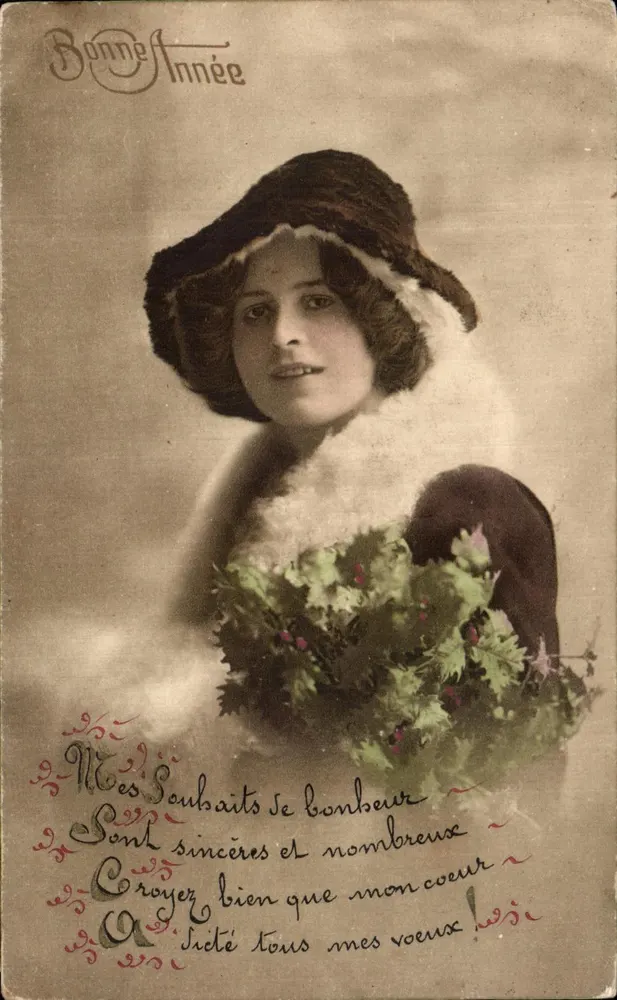 Frau im Pelzhut — Frohe Weihnachten — W. B. & Co. Wien, Serie 2059 - Vorderseite