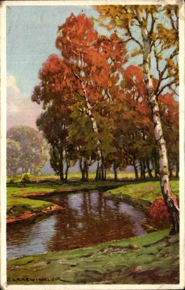 Paisagem de outono — rio e árvores com folhas vermelhas — R. Graewinkle - Frente