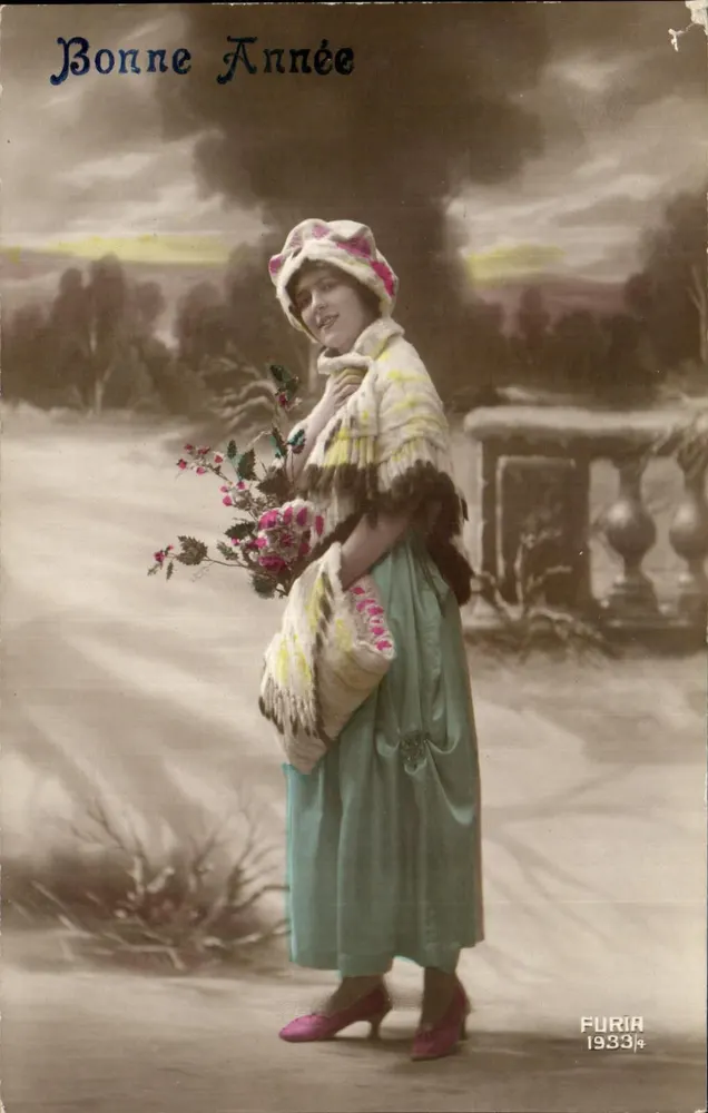 Frau in blauer Robe und Schal — Frohe Neujahr 1933 — Furia - Vorderseite